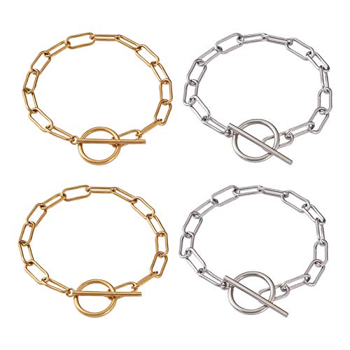 PandaHall 4 Stück Titanstahl Büroklammer Kette Armbänder 21,4 cm Silber & Gold Oval Link Kette Oval Kettenglieder Knöchel Armband für Damen Herren Mädchen