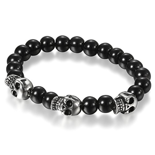 Flongo Herren Armband, 8mm Glas Edelstahl Armband Armreif Link Handgelenk Silber Schwarz Gold Totenkopf Schädel Gebet Kugel Perle Perlen Punk Biker Herren