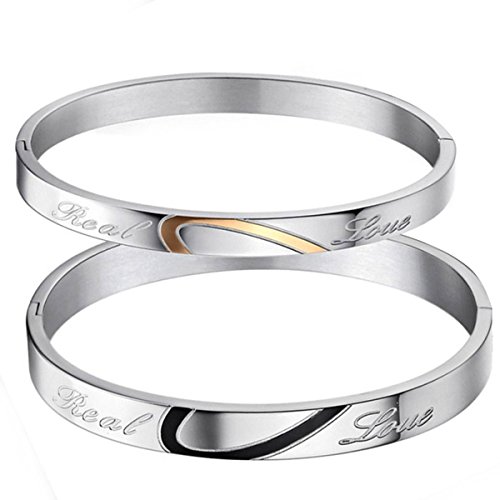 Flongo Partnerarmband BFF Armbänder für 2, Edelstahl Armband Armreifen Manschette Silber Schwarz Gold mit Real Love Herz Gravur Herren Damen