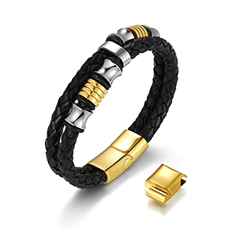 JewelryWe Schmuck Herren Lederarmband mit Gravur Edelstahl Geflochten Kügal Armband Armreif Silber Gold Schwarz Verstellbar