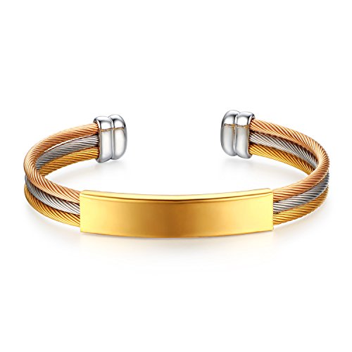 JewelryWe Schmuck Armband, Edelstahl Hochglanz Poliert Dreifach Draht Kabel Offen Armreif Manschette für Herren Damen, Gold