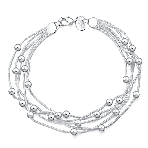 ZXF Armbänder, 925 zarte Silber Armband, 925 Sterling Silber Schmuck Fünf Linie Perlen Ball Armbänder Armreif für Frauen