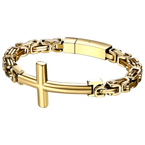 JewelryWe Kreuz Königskette Armband Herren: Gold Edelstahl Byzantinische Kette Kreuzarmband Vintage Punk Hip Hop Armkette Kettenarmband Religiöse Christliche Katholische Schmuck Männer Frauen