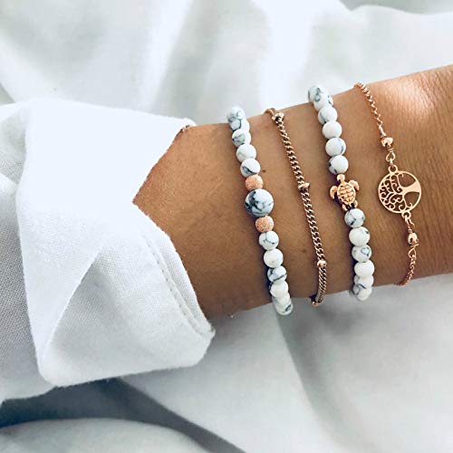 Edary Armband-Set mit Quasten, weißes Marmor-Armband, mit Herz, Perlen-Handkette, verstellbar, für Damen und Mädchen (4 Stück 4)