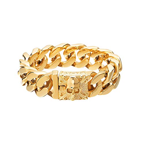 JewelryWe Totenkopf Armband Panzerkette Herren: Gold Groß Schwer Breit Kubanische Kette Biker Armband mit Fleur de Lis und Schädel Gothic Poliert Armkette Kettenarmband Punk Rock Schmuck für Männer