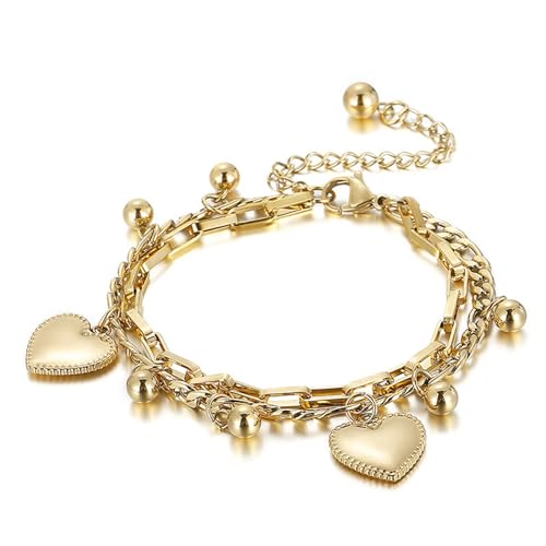 Mesnt Armbänder Damen, Edelstahl Fashion Kettenarmband mit Kugeln und Herzanhänger 17cm mit Verlängerungskette für Frauen Gold
