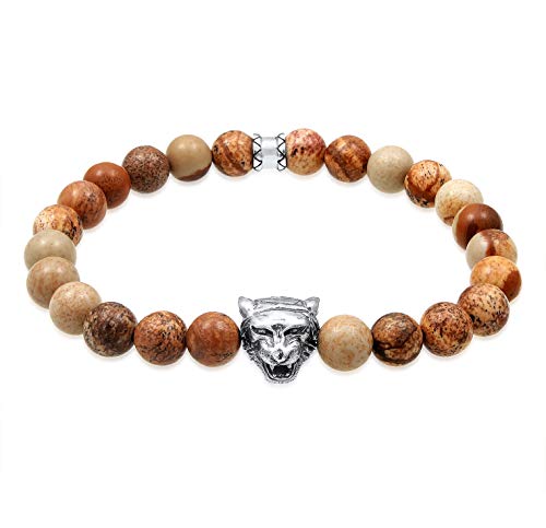 Kuzzoi Buddha Herren Armband mit braunen Achat Edelstein Perlen und 925 Sterling Silber Tigerkopf Anhänger, elastisch, Yogaarmband, Energiearmband 0201490719 (21)