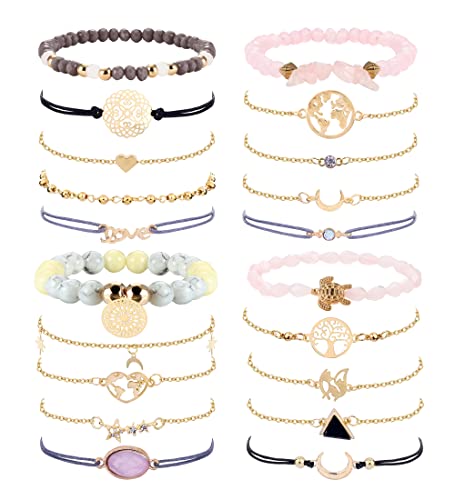JeweBella 20Stück Armband Damen Set Bohmen Armbänder für Damen Mädchen Verstellbare Manschette Mehrschichtige Perlenarmband Anhänger Perlen Quaste Elastisches Armband Geschenk Schmuck