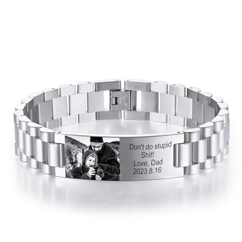 INBLUE Personalisiertes Armband für Papa Männer - Gravierte Namen Text Foto Herren Gliederarmband Geschenk zum Geburtstag Jahrestag Vater Ehemann Opa Sohn Freund (A1: Silber)