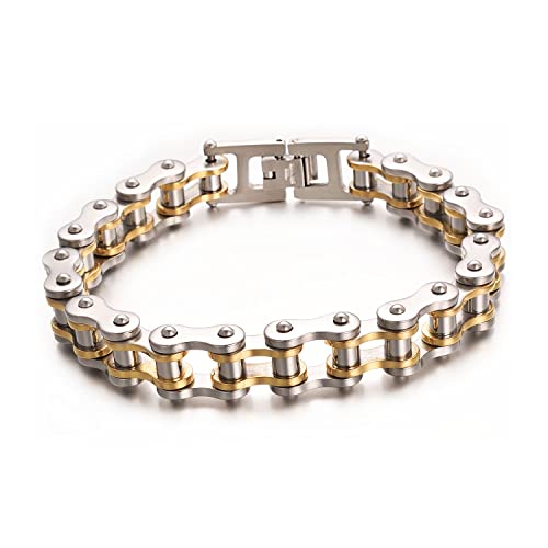 Vissen Uniqal Fahradkettekette Armband Herren Edelstahl Biker Kette Punk Armbänder Männer (Silber Gold 21.5cm)