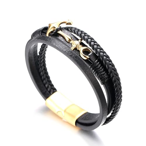 Halukakah ? Segeln ? Herren-Armband Handgefertigt | Echtleder Schwarz | Magnetverschluss Edelstahl in Golden | Wickelarmband 3 Runde | mit Titan Anker | KOSTENLOS Geschenkbox | 21.5cm