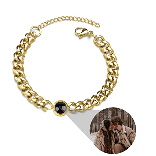 Liskanap Personalisiertes Foto Projektion Armband Bild Armband Ich liebe dich Armband 100 Sprachen Erinnerung an die Liebe Weihnachten Geburtstag Geschenke Für Männer Hip-Hop-Schmuck (Gold)