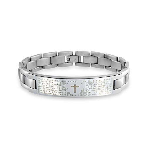 Bling Jewelry Personalisieren Sie das Vaterunser-Kreuz El Padre Maestro Link Armband mit ID für Herren, silberfarbener Edelstahl.