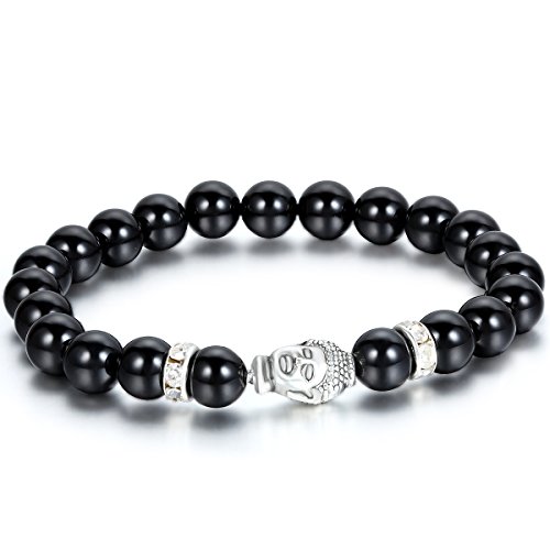 Flongo Herren Damen, 8mm Energiearmband Kugel, Statue Perlen Gebet Mala, Schwarz Achat Legierung, Schwarz Silber