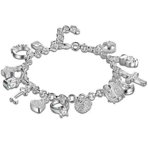 925 Silber Kupfer Kreuz Ring Herz Schloss Schlüssel Damen Charm Armband Kette-20cm