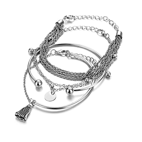 LuLiyLdJ Packung mit 4 Boho-Armbändern mit silbernen Quasten, Perlen und Pailletten - geeignet für Damen und Mädchen