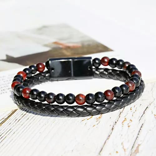Schwarzes geflochtenes Lederarmband aus Edelstahl für Herren, Armreif, Rot, Stil B