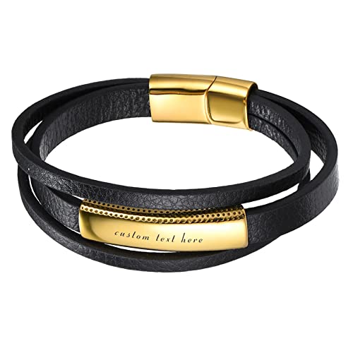 JewelryWe Schmuck Personalisierte Armband Herren Lederarmband Gravur Handgefertigt Leder Geflochten Mehrreihig Armreif Manschette mit Edelstahl Magnetverschluss, Schwarz Gold
