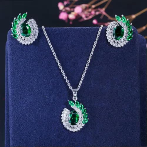 Einzigartiges Schmuckset mit Halskette und Ohrringen aus grünem Zirkonia in Blattform, Weißgold plattiert