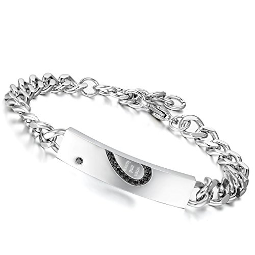Flongo Partnerarmband Armband with Wish Love and Happiness Herz Gravur Edelstahl Armreif Armkette Link Handgelenk Zirkonia Zirkon Silber Schwarz Panzerkette Kette Herren