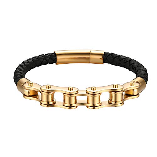 JewelryWe Schmuck Herren Lederarmband Edelstahl Fahrradkette Motorradkette Geflochten Kordelkette Leder Armband Armreif mit Magnetverschluss Gold Schwarz