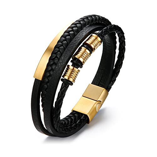 Dochais Lederarmband Herren Schwarz,Bracelet Men mit Magnetverschluss,Premium Echtlederarmband für Männer (Gold)