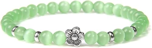 HEYONA Armband for Frauen, Freundschaftsarmband, Armbänder for Frauen, 6 mm Naturstein-Stretch-Armban d, grüner Opal, mit Blumen, Perlenarmband, Edelstein-Freundschaftsar mband, verstellbar