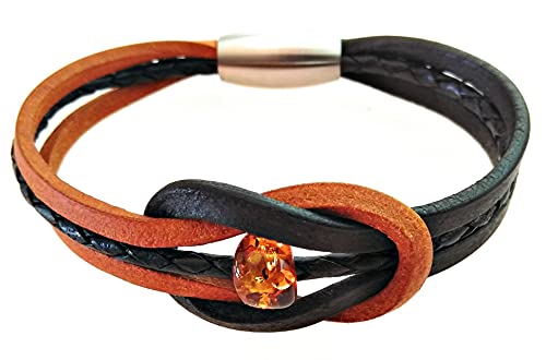 AmberConnections I Premium Naturleder (zweifarbig) Armband I Mit Bernsteinperle und Magnetverschluss I Lederarmband Unisex I Handgemacht I 20 Cm.