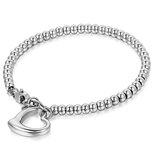 JewelryWe Schmuck Charme Damen Kugel Perlen Armband,Handgelenk Kugel Perlenkette mit Herz Anhänger, Edelstahl Armreif, Silber