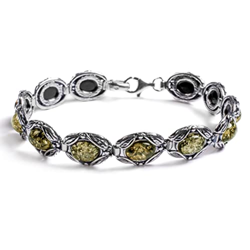 HENRYKA Grünes Bernstein-Armband im Vintage-Stil, aus Sterlingsilber, Glücksbringer, Heilarmband, Statement-Armband, Geschenk für Mutter