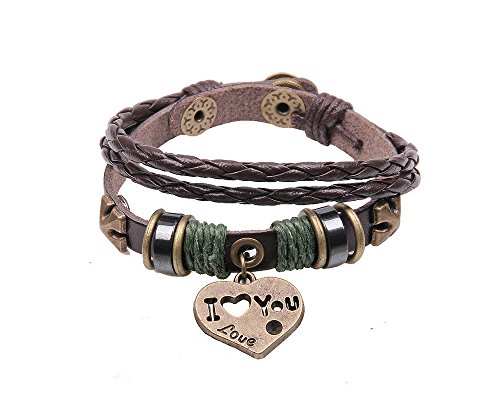 Schwarzes, teils geflochtenes Lederarmband mit Herzanhänger und Charms für Damen und Herren
