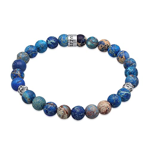 Kuzzoi Buddha Herren Armband aus blau gefärbten Achat Perlen, Organic Beads aus 925 Sterling Silber, Chakra Yogaarmband, Energiearmband, Steinarmband, Länge 21 cm