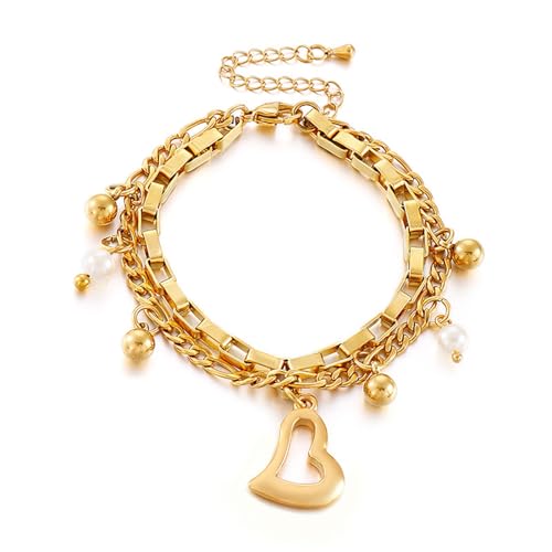 Mesnt Ketten Armband Frauen, Edelstahl Einfaches Doppellagiges Kettenarmband mit Kugeln und Herz-Anhänger 18+5cm Länge für Frauen Gold
