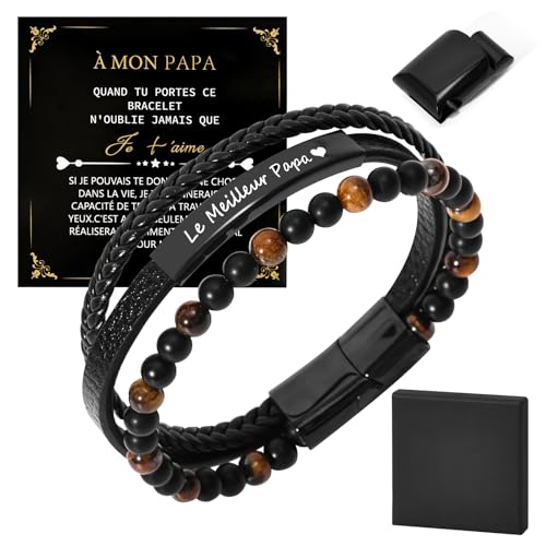 Kinwers Herren Lederarmband,Lederarmband Herren mit Gravur Schmuck Perlenarmband Herren Fossil, Vatertag Geflochten Echtleder Breites Wickelarmband mit Magnet Verschluss Geschenk für Männer