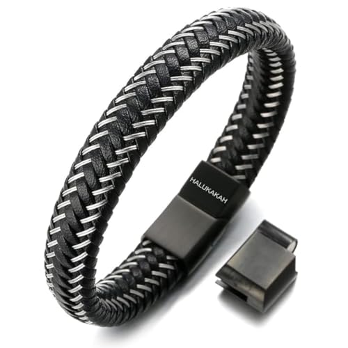 Halukakah ? Jazz ? Herren-Armband Handgefertigt | Echtleder in Schwarz | Magnetverschluss Edelstahl Schwarz | KOSTENLOS Geschenkbox | Tolle Geschenkidee | Größe Einstellbar 21.5cm-23cm
