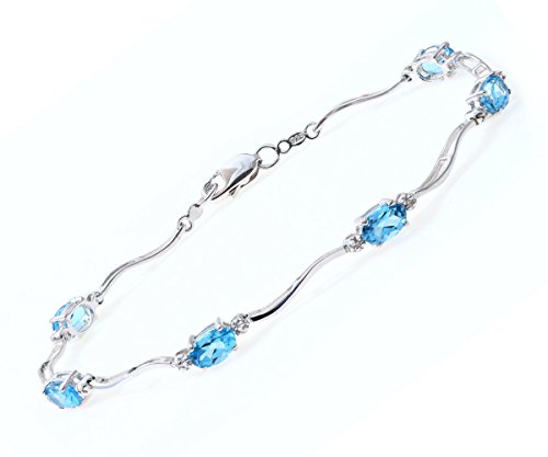 Theia Armband mit Wellengliedern Sterling Silber Oval 3 Karat Blautopas Edelstein mit Diamanten 18 cm