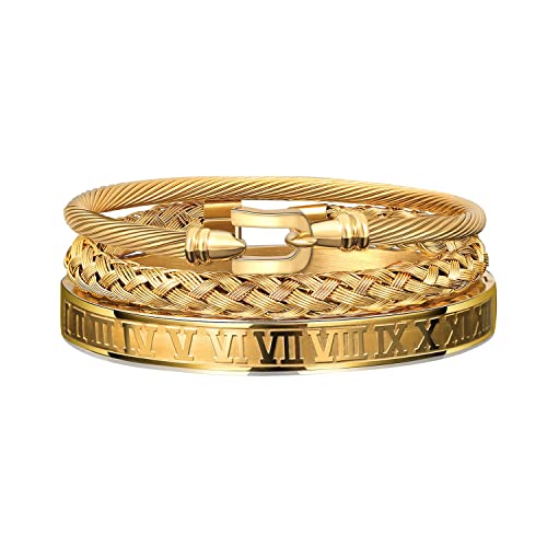 FUNEIA 3 Stücke Edelstahl Armbänder für Herren Charm Armband Herren Verstellbare Armbänder Männer Luxus Roman Royal Crown Schmuck Geschenke (Haken-Gold)