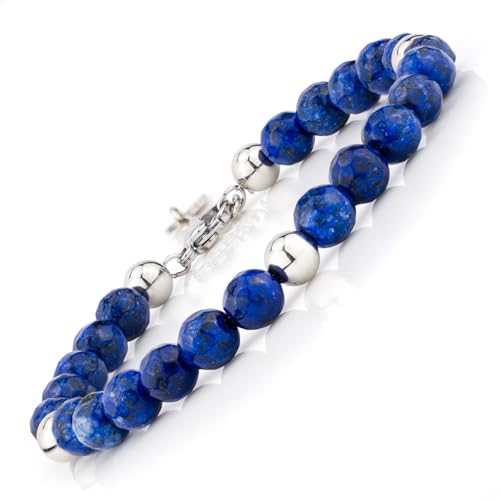 SAGA GIOIELLI Armband für Damen und Herren – Unisex – Stahl – Natursteine 5 mm und Kugeln aus Edelstahl Länge 17,5 + 3 cm – inklusive Geschenkbox, 20.5 Centimetri, Edelstahl Naturstein Rostfreier