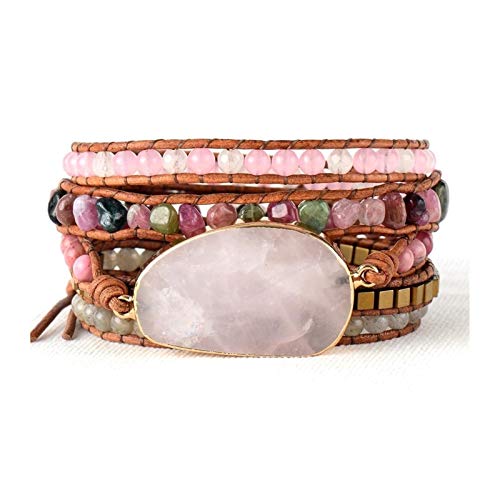 XYBB Native Perlen Lederarmband Turmalin Rosa Quarz 5 Stränge gewebt Wickelarmbänder Böhmisches Armband