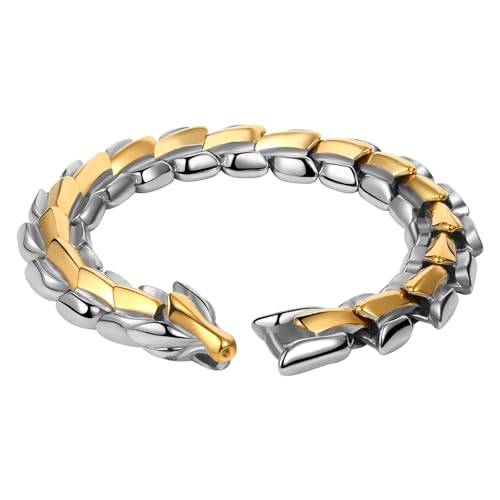 JewelryWe Drachen Armband Herren Drachenarmband: Gold Silber Edelstahl Drachenkettenarmband Poliert Armband aus Drachenknochen Drachenschuppe Wikinger Hip Hop Punk Drachenschmuck für Männer Frauen