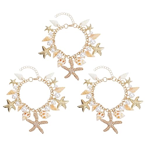 PH PandaHall 3 Stück Seestern Muschel Armbänder Meerjungfrau Schmuck Kostümzubehör Seestern Perlen Fußkettchen Armband Charme Damen Böhmisches Verstellbares Muschel Armband Sommer Meer Strand Armband