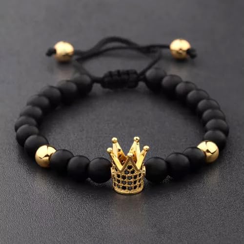 Charm-Armbänder für Herren, 24 Karat vergoldet, Krone, Mikropflaster, Zirkonia, matt, Lava, Makramee, Gold