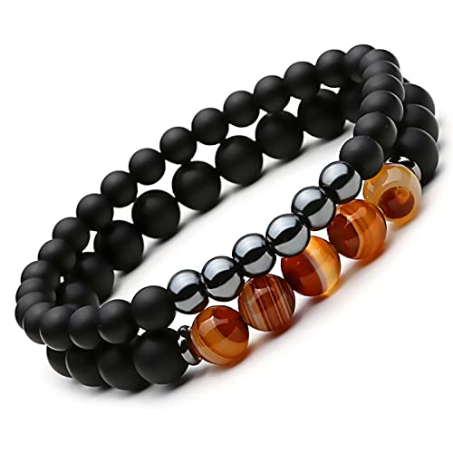 Chtom Armband perlen, 2 stück naturstein Armband perlen schwarz gebet perlen Buddha armbänder für Frauen und männer Viking schmuck Geschenk (Color : Black, Size : 180mm)