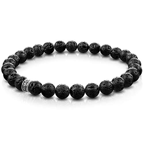 FABACH Lava Perlenarmband mit 6mm Edelstein-Perlen und 925 Sterling Silber Logo-Perle - Edles Naturstein Stretch-Armband für Damen (Schwarz)