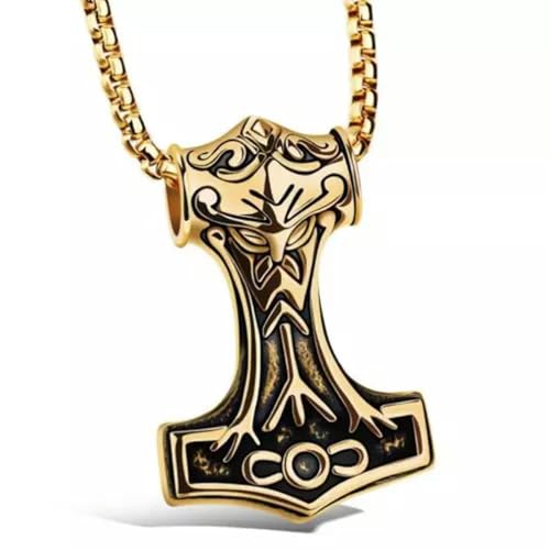 Herren-Halskette mit Wikinger-Anhänger Thors Hammer, Punkrock, Biker-Schmuckkästchen, Kette, 61 cm, Gold