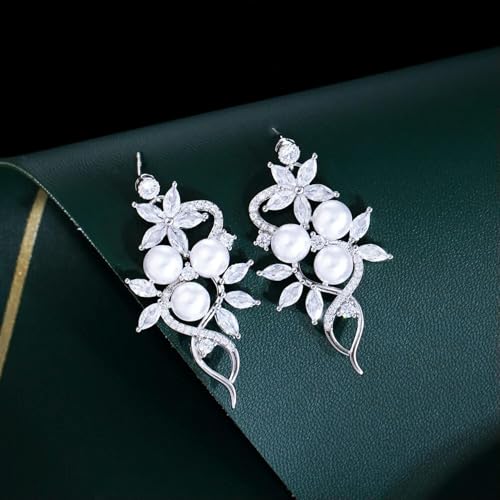 Modemarke Weißgold vergoldet Cubic Zirkon Blatt Perle Tropfen baumelnde Ohrringe