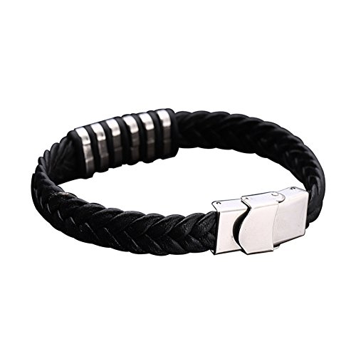 longyitrade Herren-Armband im Punk-Stil, geflochten, aus Kunstleder, Armband aus Titan-Stahl, Schmuck zum Verschenken Schwarz