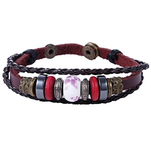 Morella Damen Lederarmband geflochten rotbraun mit Beads und Perlen