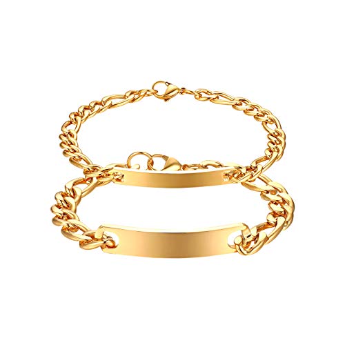 JewelryWe Valentinstag Schmuck 2pcs Pärchen Armband, Edelstahl Poliert Figarokette Partnerarmband Freundschaftsarmband Paar Armkette Armreif für Herren Damen, Gold