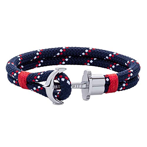 PAUL HEWITT Anker Armband PHREP - Segeltau Armband in Marineblau Rot Weiß, Armband mit Anker Schmuck aus Edelstahl (Silber) in Größe XL